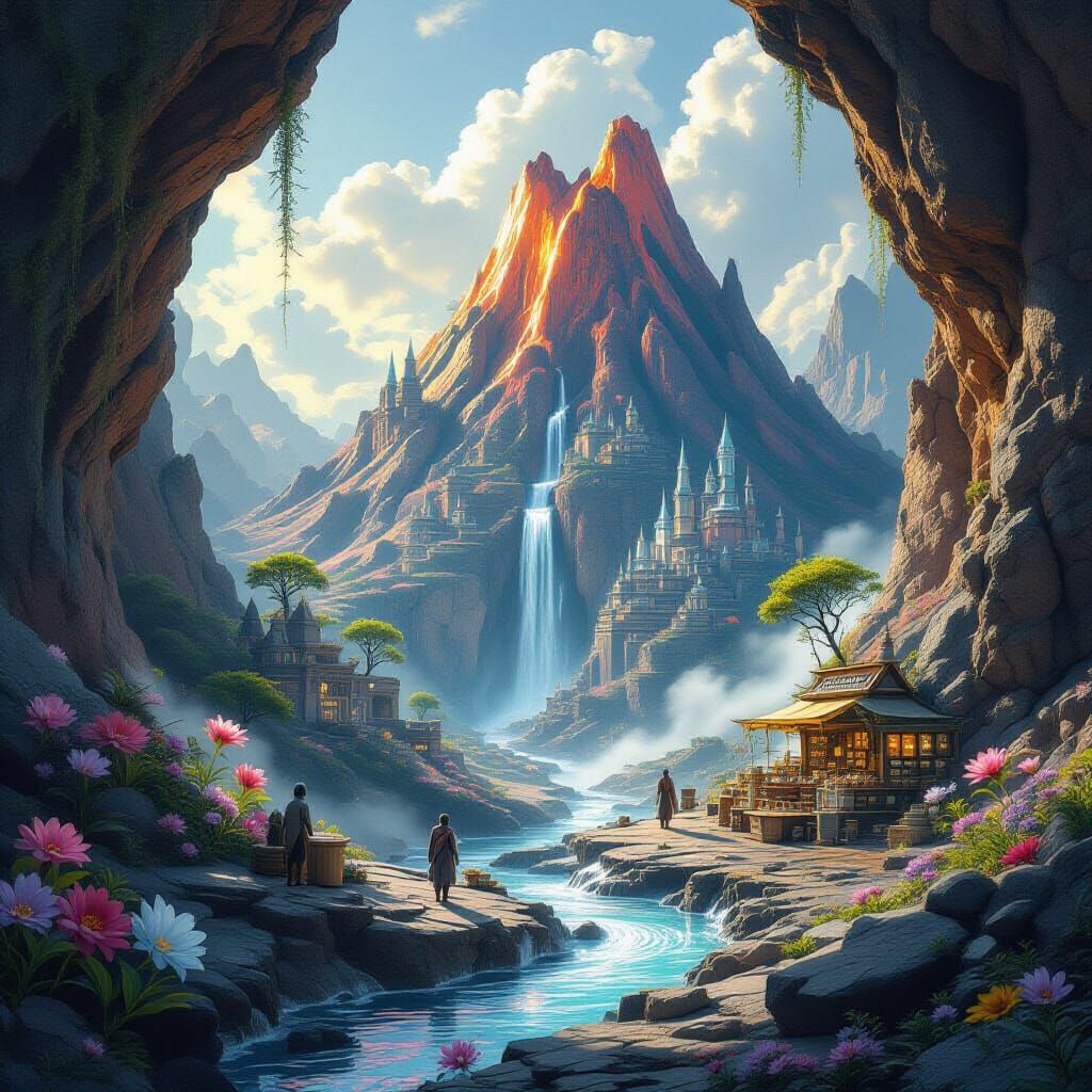 Alien Market in Volcano, Ethereal Pastel Vignette