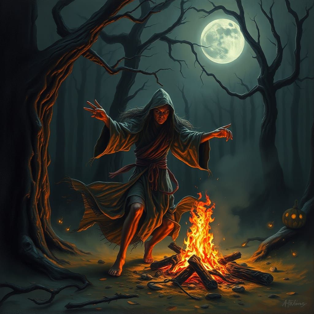 Samhain Bonfire Dance in Mystical Dark Landscape