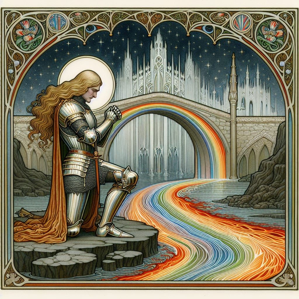 Knight Kneeling Before Rainbow Bridge in Art Nouveau