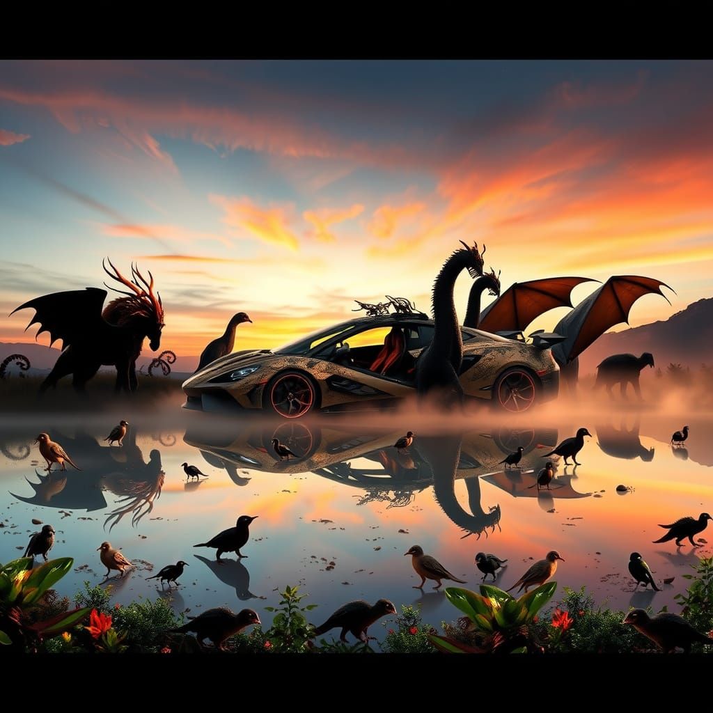 Mystical Creatures Awaken with Supercar at Sunset
