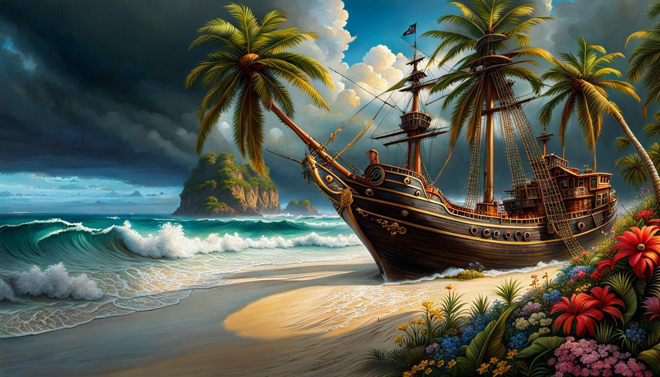 Tropical Beach Pirate Ship in Crystal Sphere