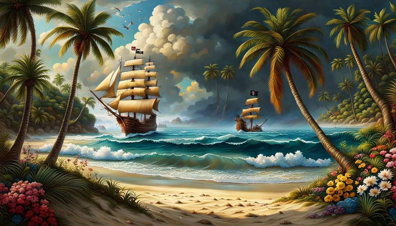 Tropical Beach Pirate Ship in Crystal Sphere