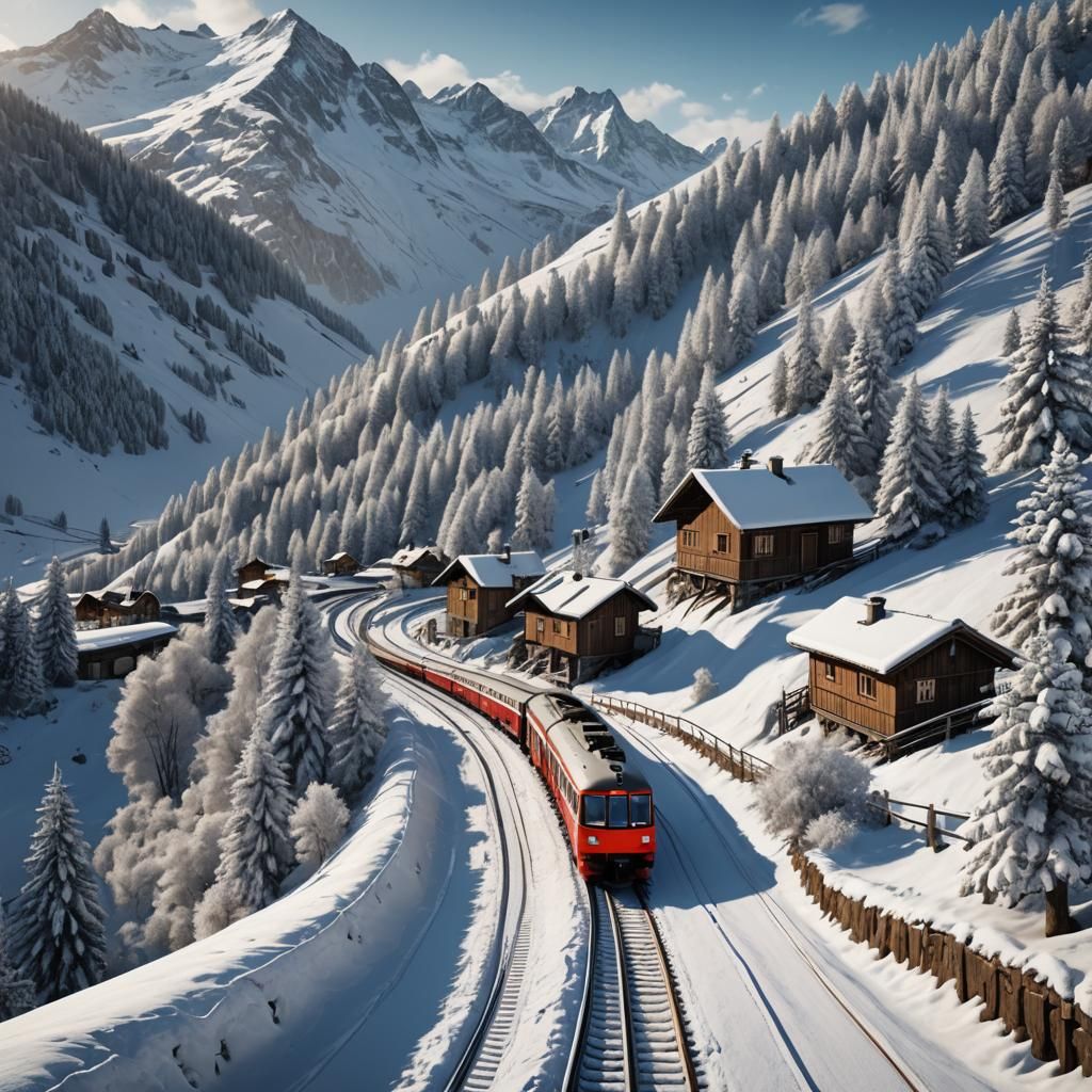 Swiss Alps Ski Hill in Detailed Matte Painting