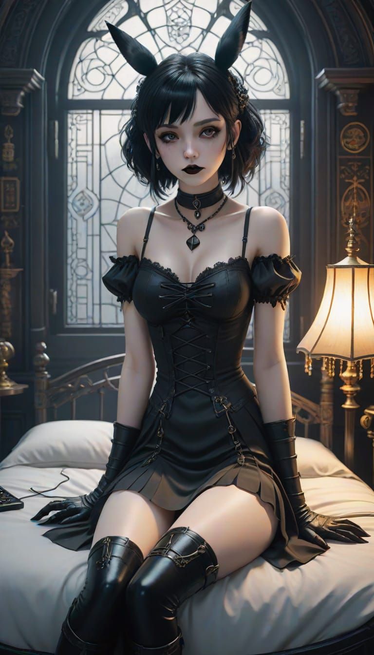 Surreal Anime Girl Enjoys Music in Gothic Bedroom