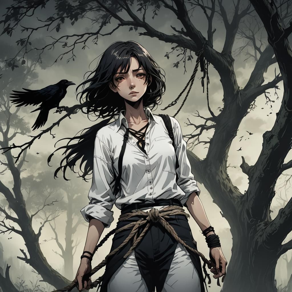 Dark Anime Illustration of Woman Hanging From Tree