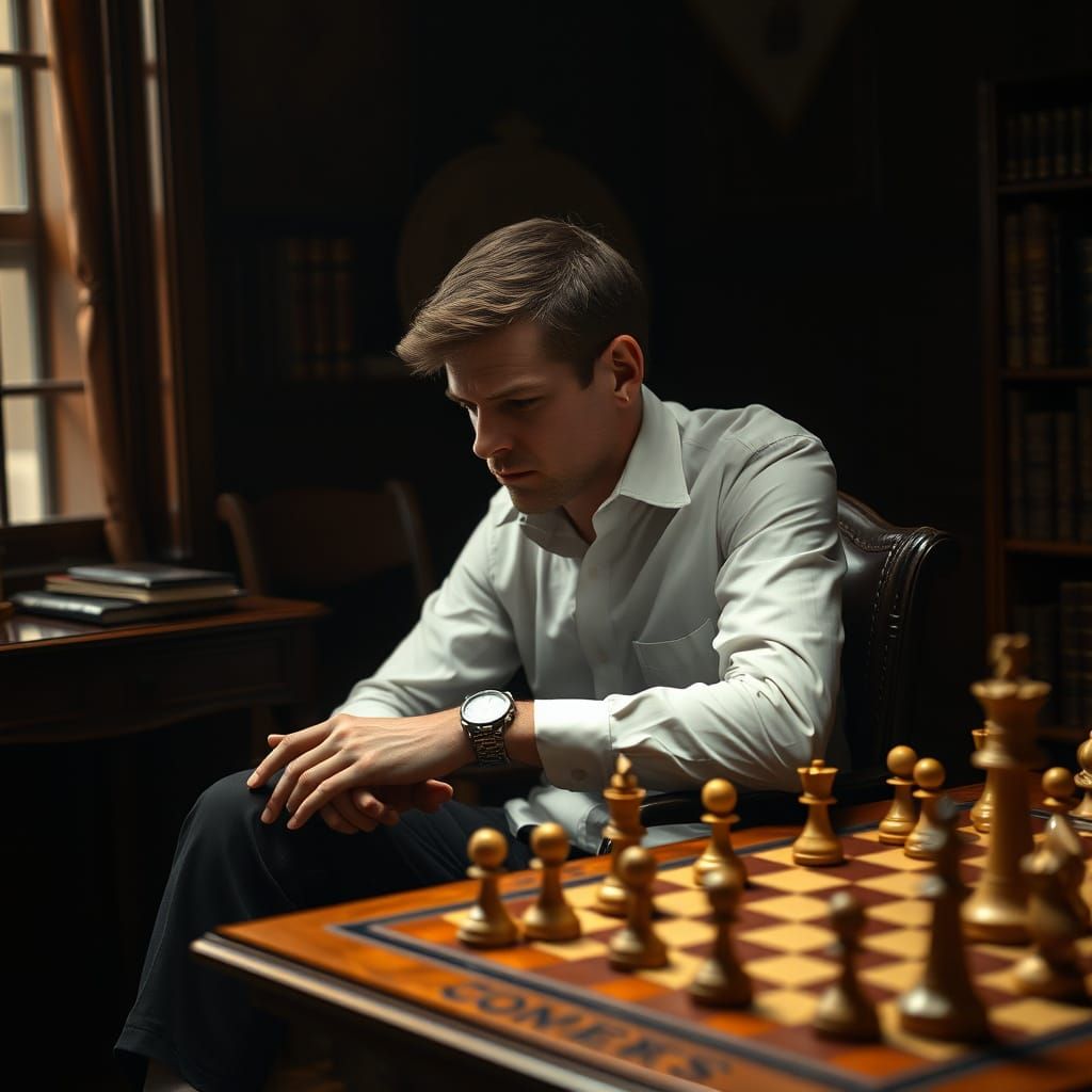 Chess Champion in Moody Study Atmosphere