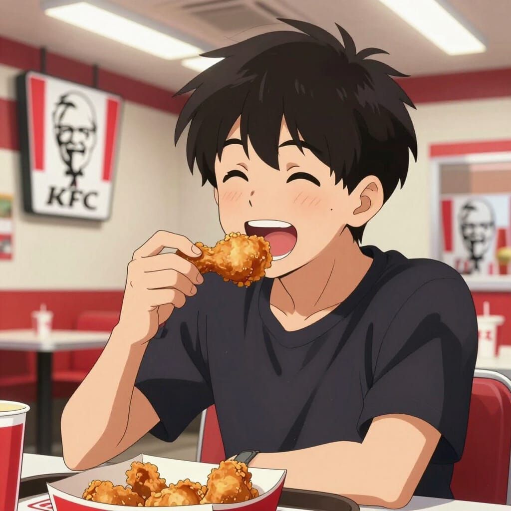 Anime Teenager Enjoying KFC in Vibrant Style