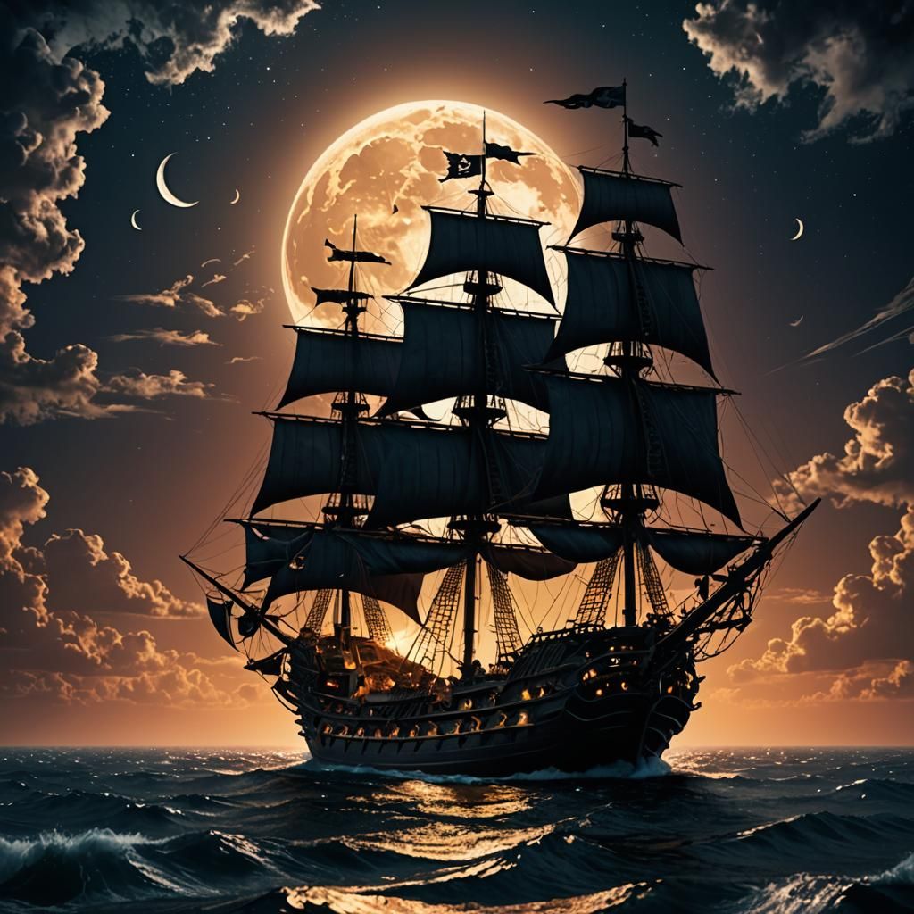 Pirate Ship Silhouette Against Giant Moon