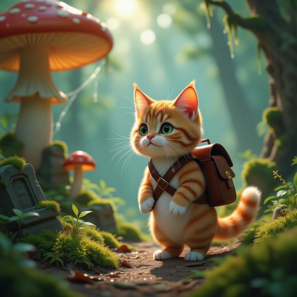 Ginger Cat Adventurer in Glowing Mushroom Forest