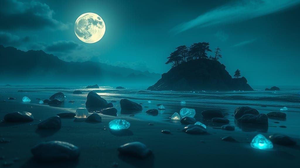 Moonlit Beach with Bioluminescent Glass Stones in 8K