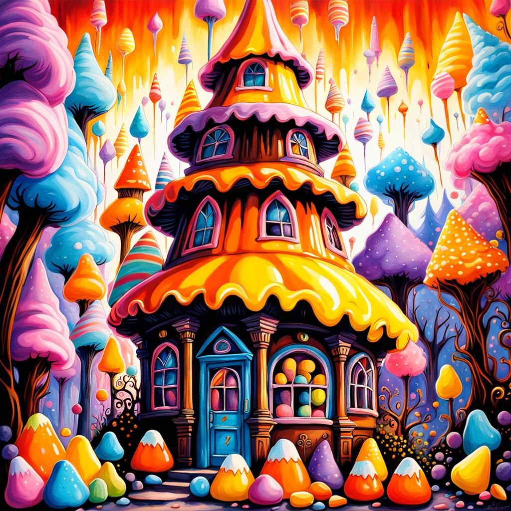 Candy Wonderland Castle in Watercolor Tim Burton Style