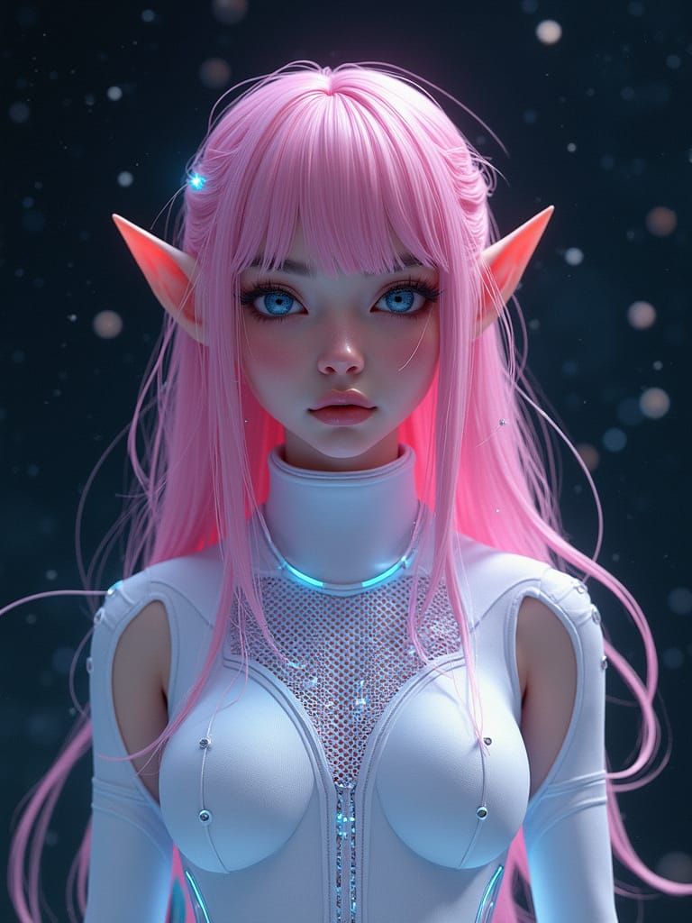 Futuristic Elf in Glowing Sci-Fi Catsuit Under Starry Sky