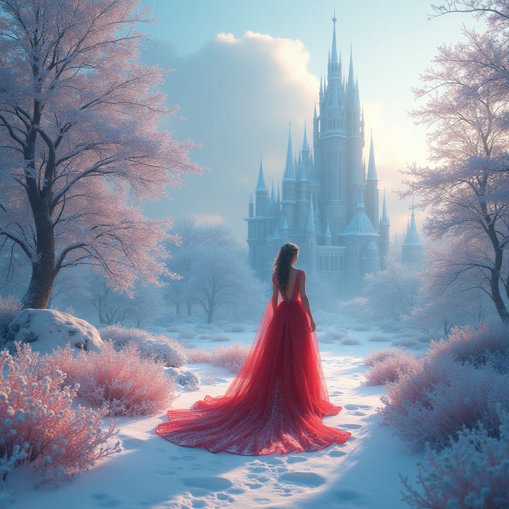Ethereal Winter Queen Walks in Serene, Crimson Gown Through ...