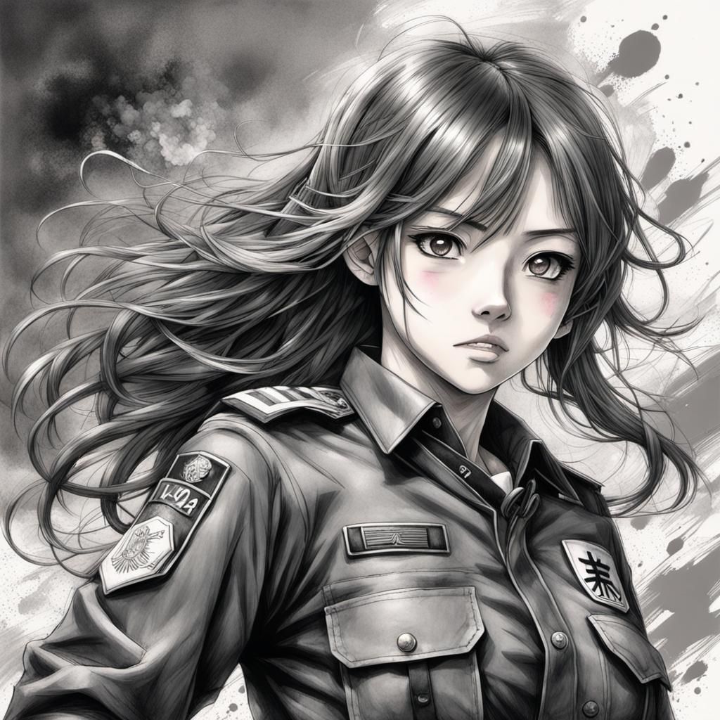 Manga-Style Schoolgirl Fighting Police in Watercolor