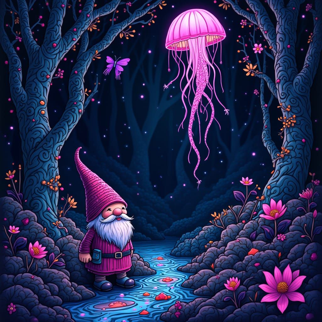 Ultraviolet Forest with Gnome and Fairy-Jellyfish
