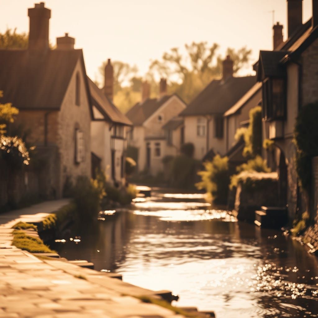 Medieval English Village River Scene in Warm Sepia Tone