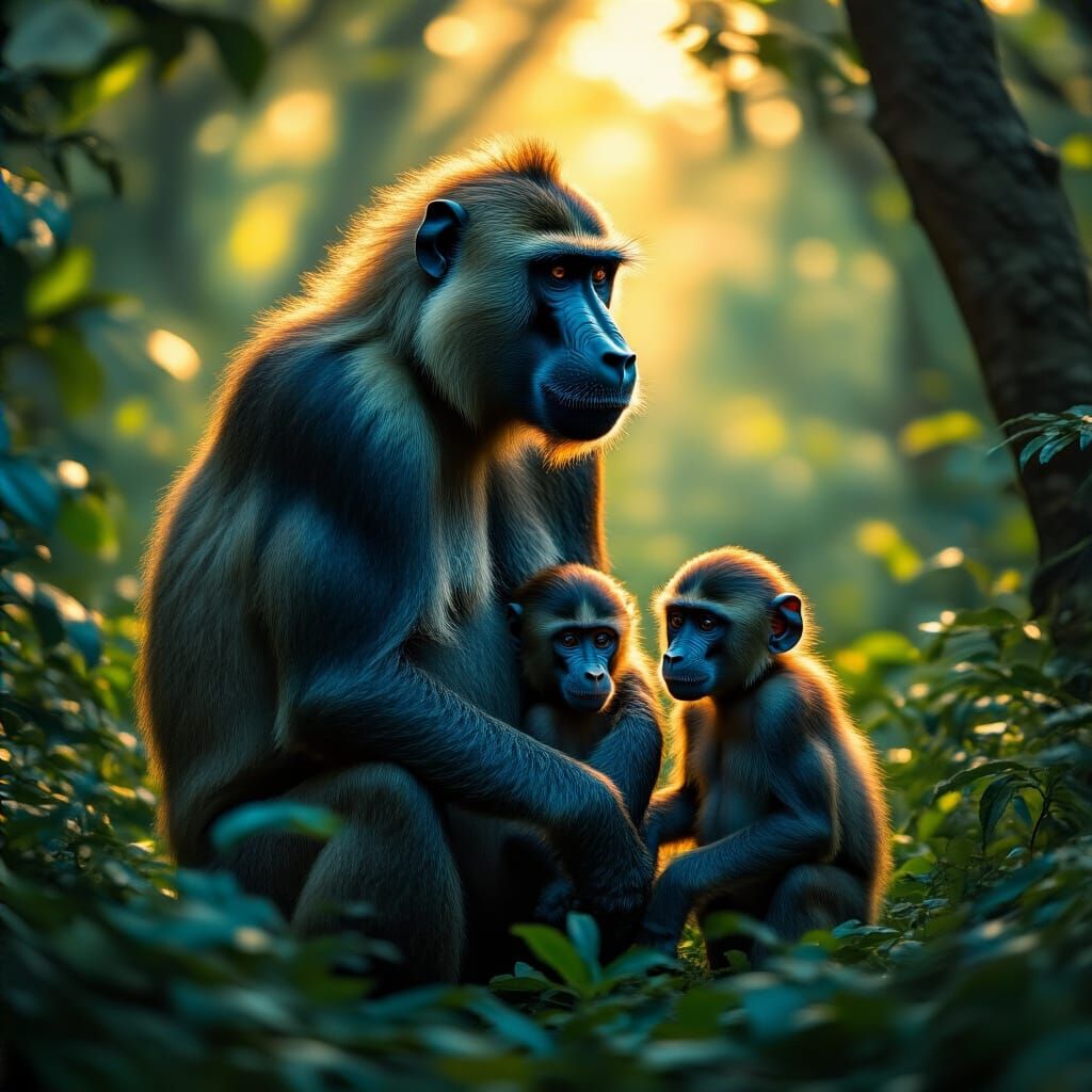 Baboon Family in Lush Forest, Cinematic Style