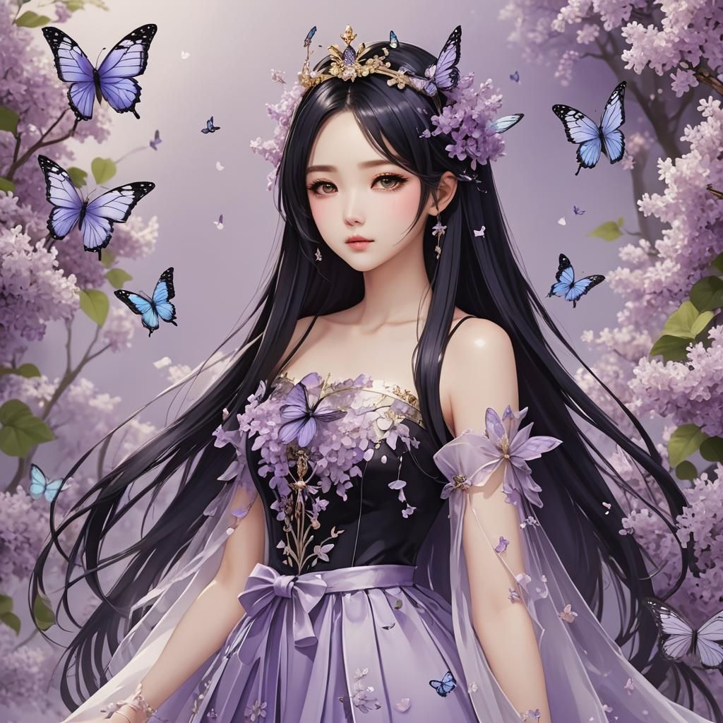 Anime Girl with Butterfly Wings and Orchid Crown
