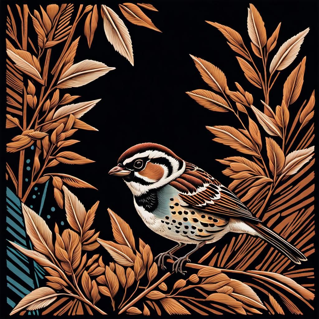 Sparrows in Linocut and Woodcut Style