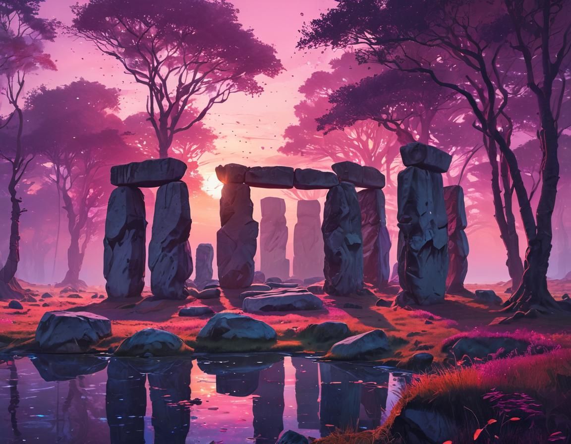 Stonehenge in Vaporwave Rainforest at Sunset