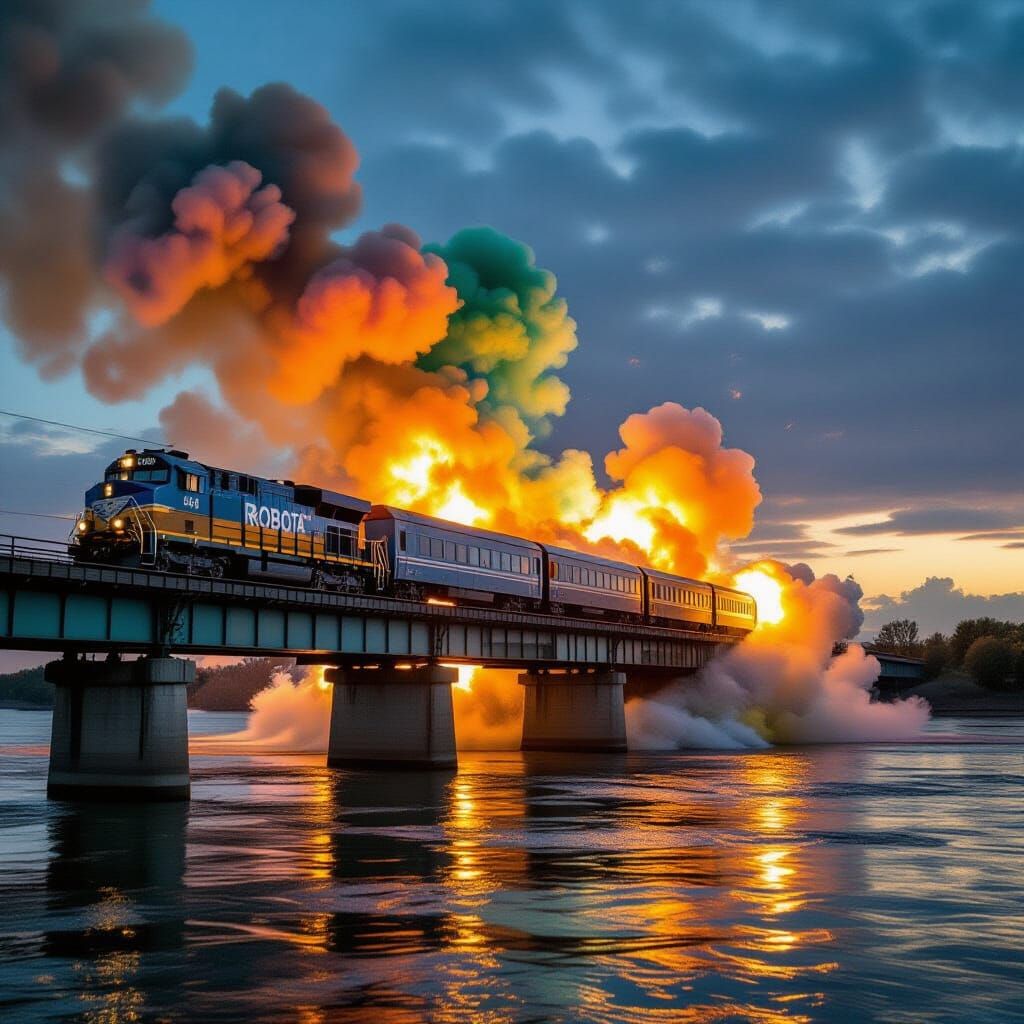 Train Bridge Explosion in Fiery Sky
