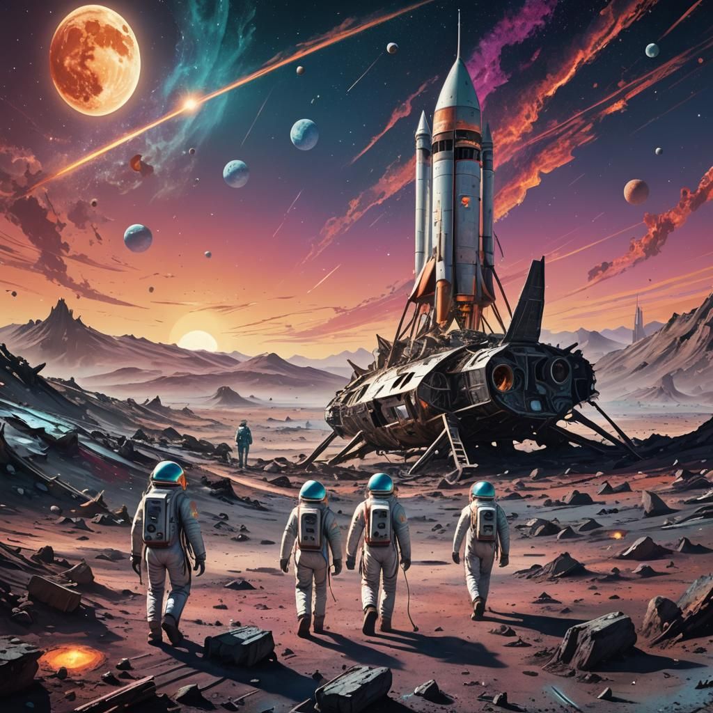Astronauts on Moon with Crashed Rocket: Cosmic Illustration
