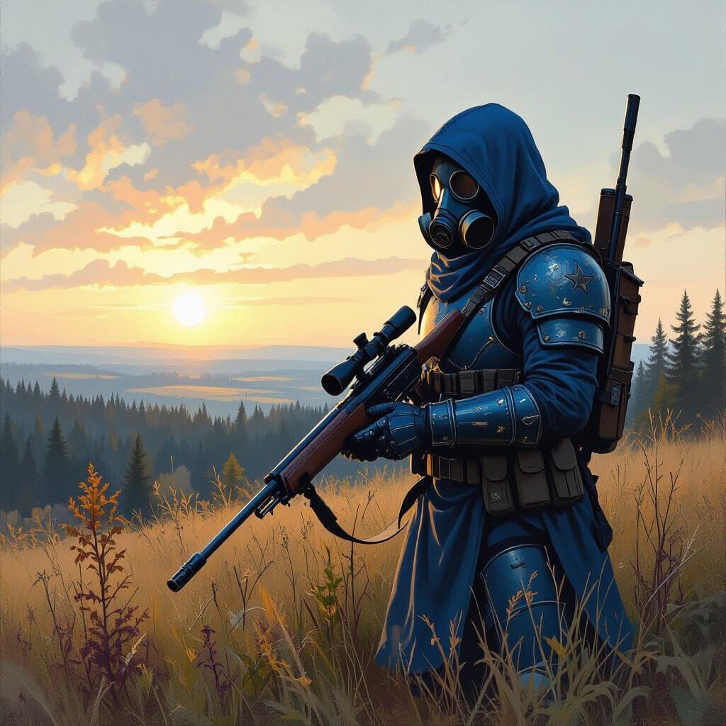 Stalker in Blue Armor: Oil Painting Style