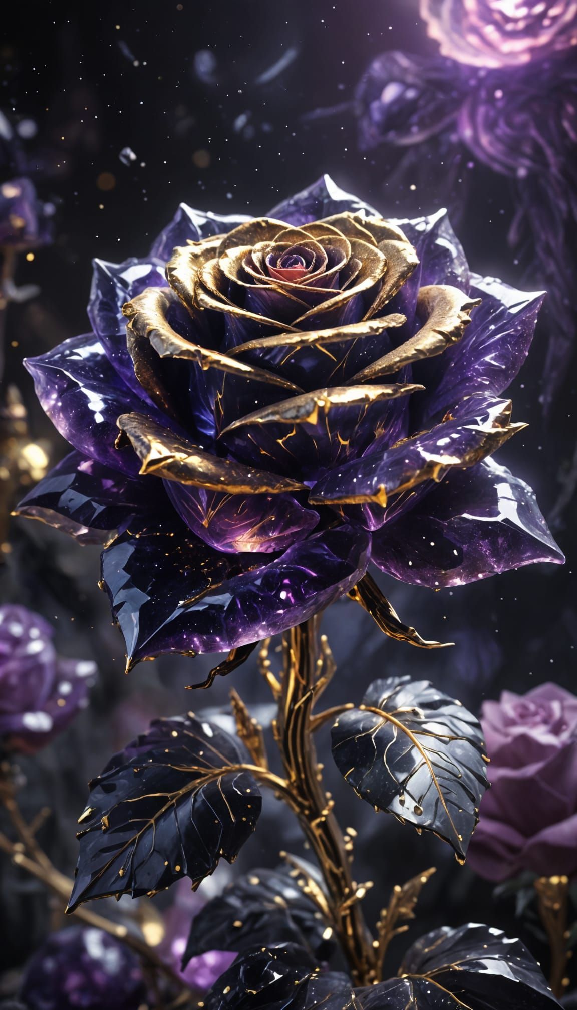 Epic Amethyst Rose with Gold Accents in Vibrant Fantasy