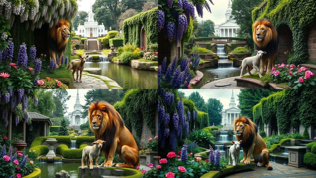 Stunning Garden Paradise with Regal Lion and Lamb, Cinematic...
