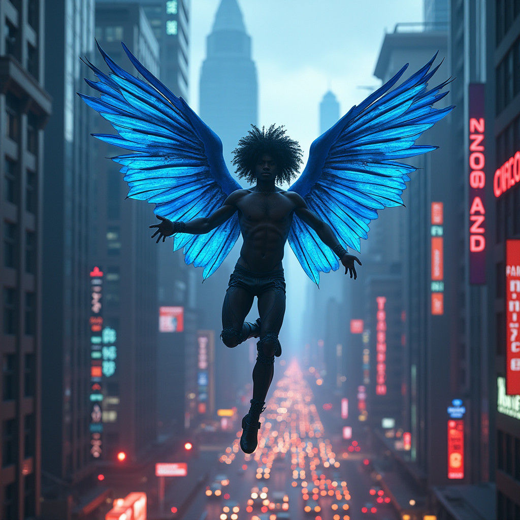 Cyberpunk Angel Soaring Over Buenos Aires