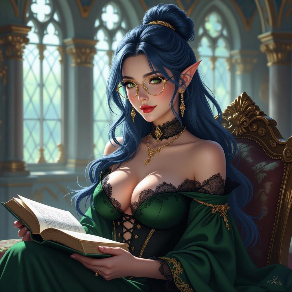 Elegant Elven Woman in Grand Chamber: Anime-Inspired Art