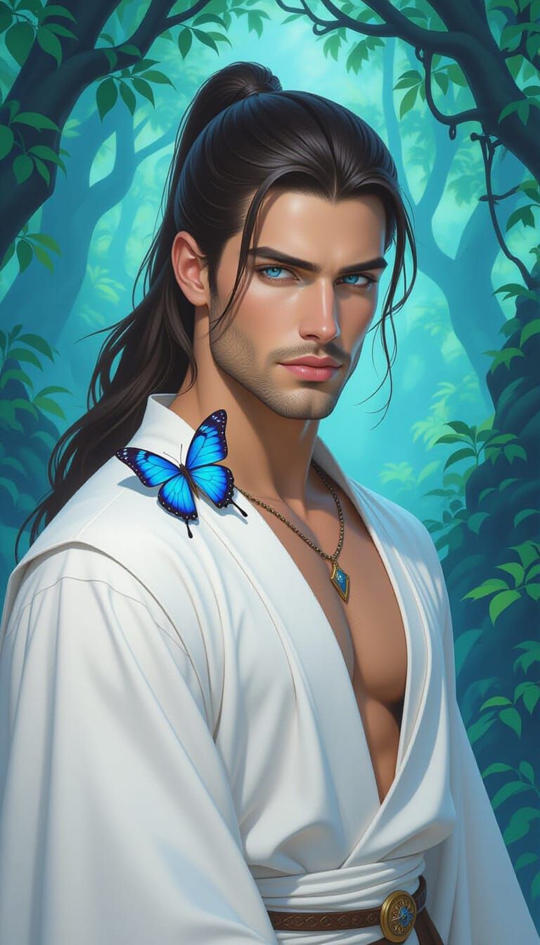 Handsome Fantasy Warrior with Blue Eyes and Butterfly