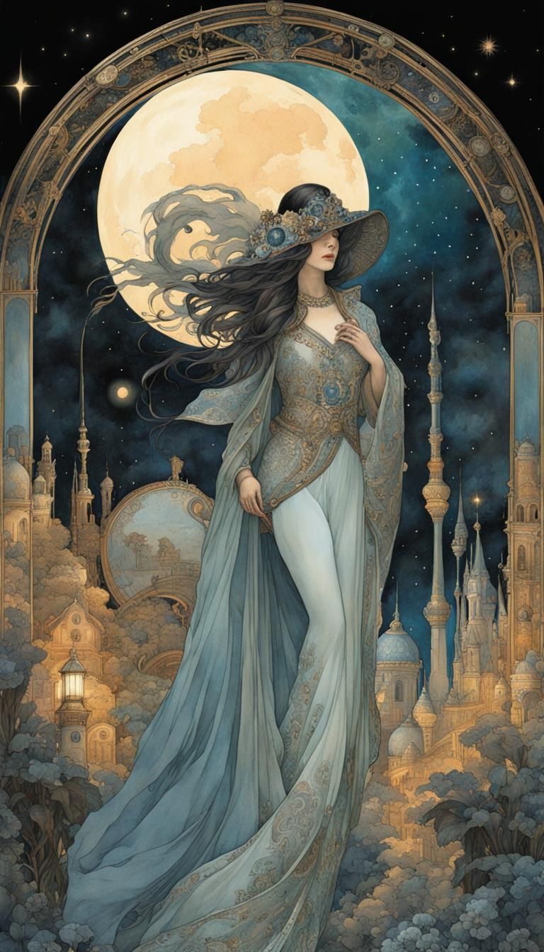 Cosmic Seaside Village: Watercolor Dark Fantasy