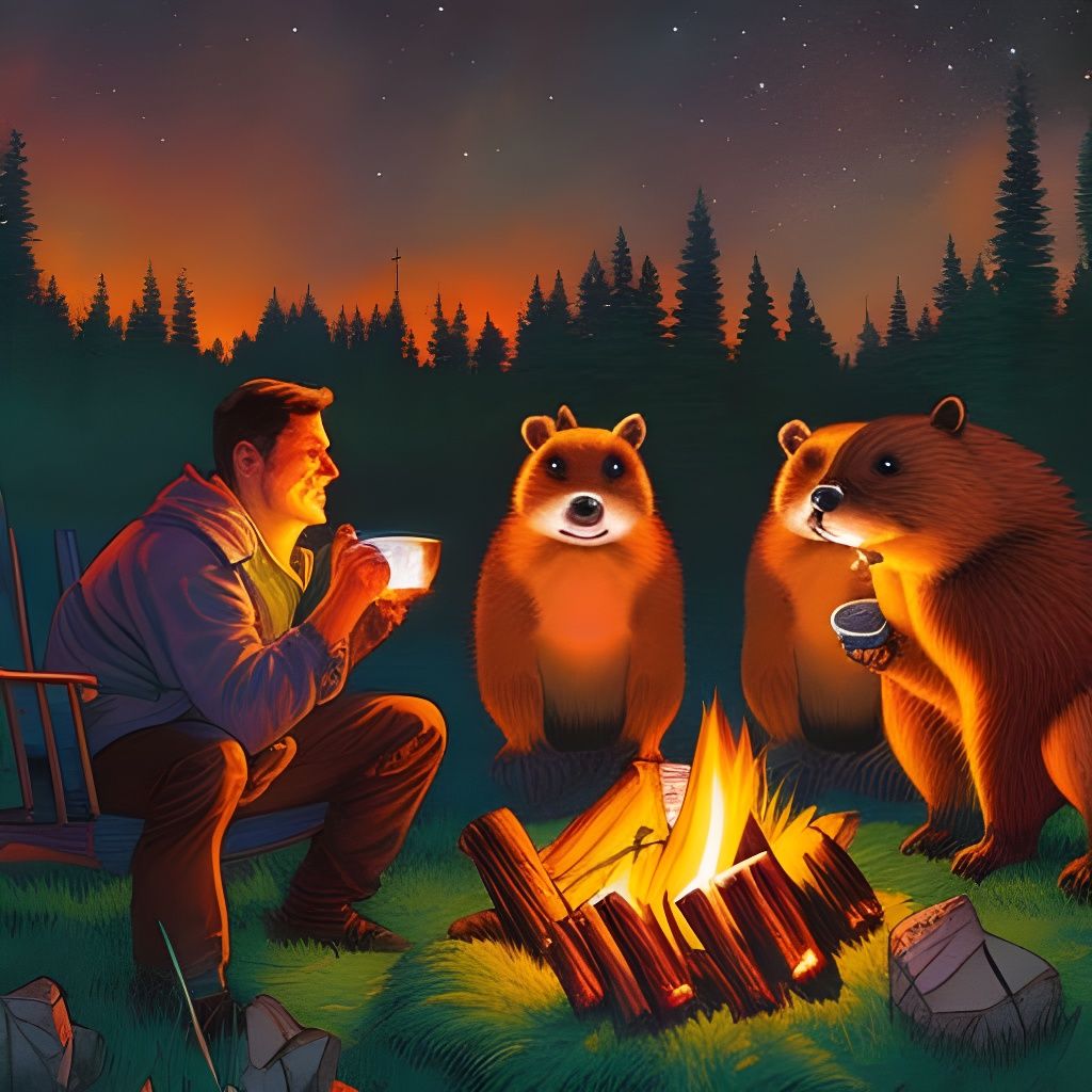 Beavers Roasting Marshmallows in Comic Book Art Style