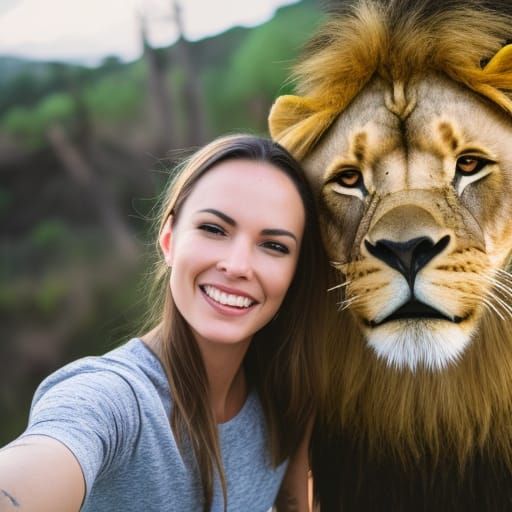 Woman's Selfie with a Lion in Natural Lighting