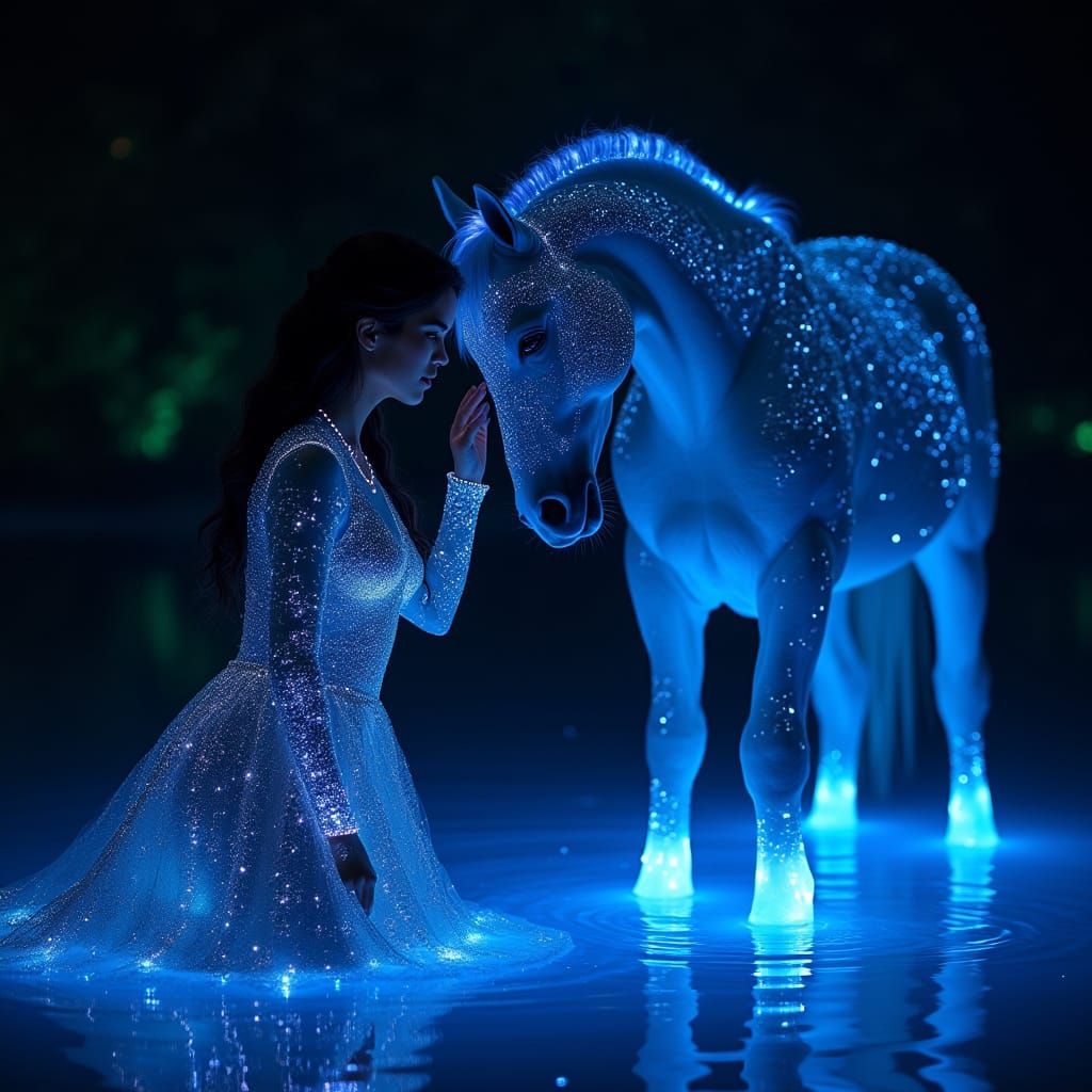Ethereal Nighttime Scene with Woman and Horse in Glowing Bio...