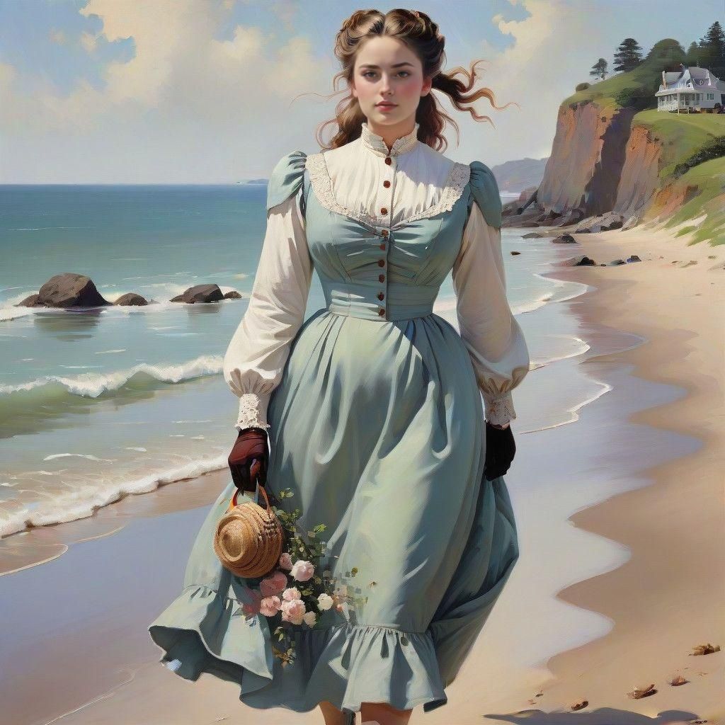 Victorian Woman Strolls a Serene Beach Scene