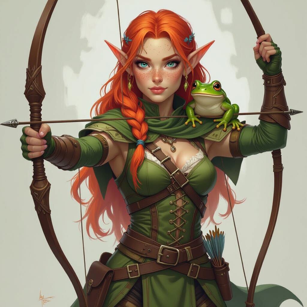 Muscular Elf Ranger with Freckles and Pet Frog