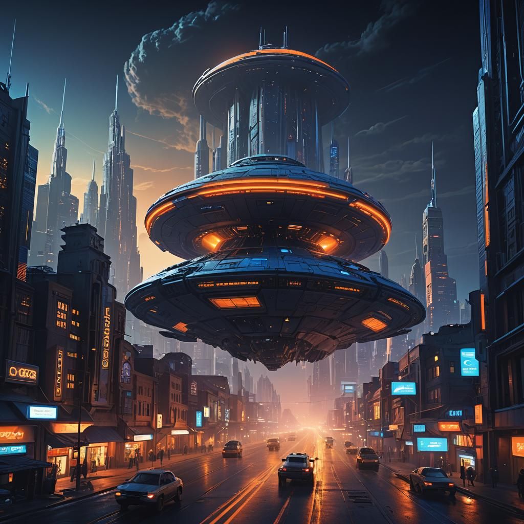 Spaceship Over Desolate City: Sci-Fi Concept Art
