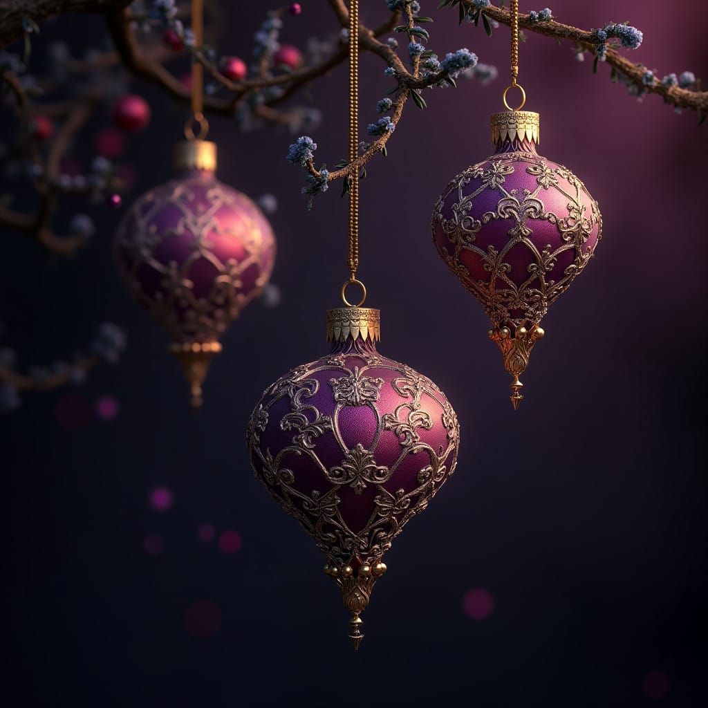 Luxurious Gothic Christmas Ornaments in Rich Purple and Gold