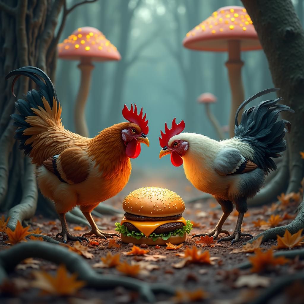 Chickens Fight Over Cheeseburger in Photorealistic Style