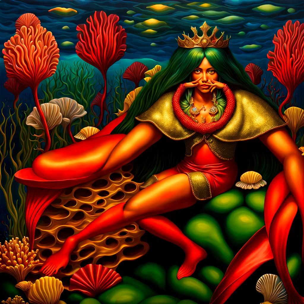 Mermaid on Coral Throne in Deep Green Glow