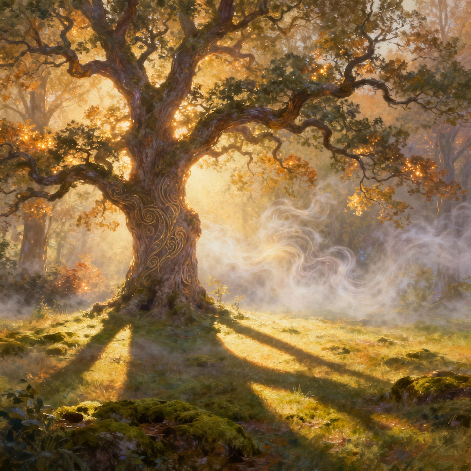 Majestic Ancient Oak in Misty Enchanted Forest at Dawn