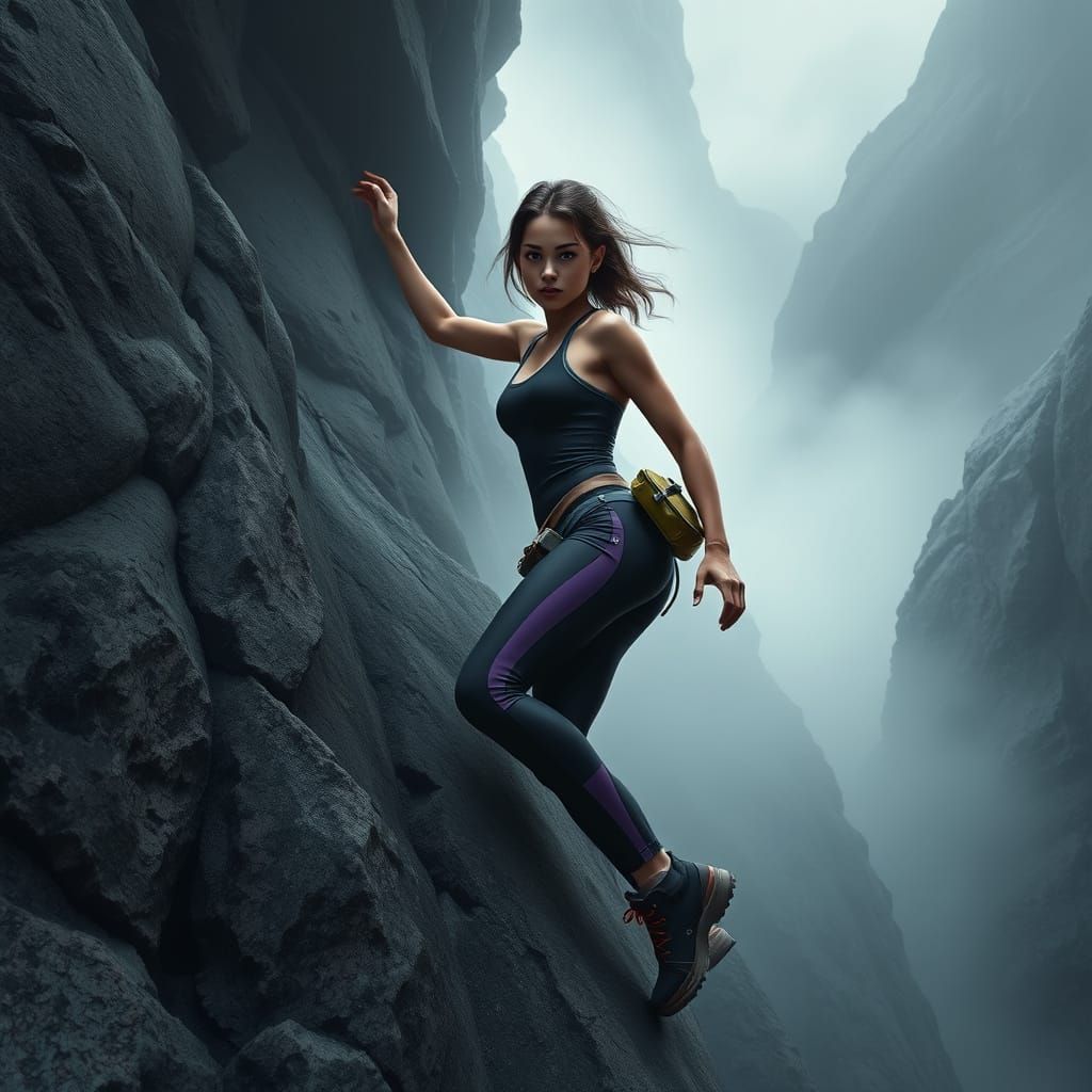 Young Woman Scales Mysterious Rock Face in Hyper-Realistic C...