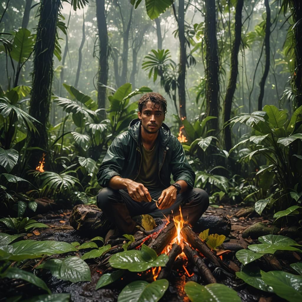 Young Man by Rainforest Fire in the Rain