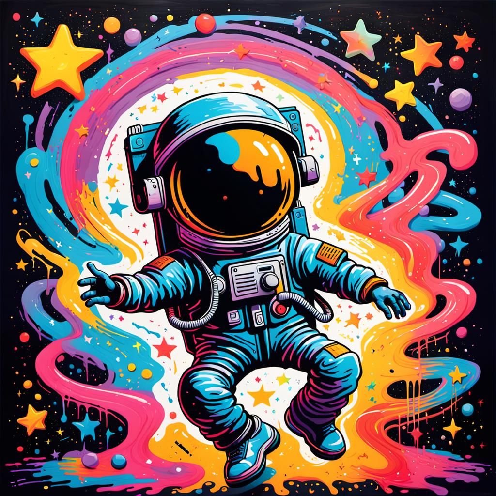 Dancing Astronaut in Galaxy: Vibrant Street Art