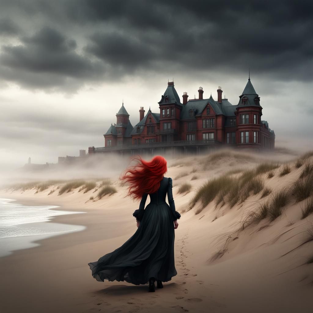 Sad Ghostly Woman on Windy Beach, Gothic Portrait