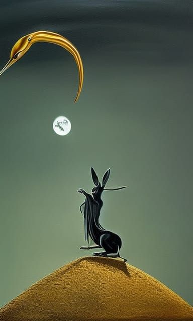 Depressed Surreal Rabbit, Dali-esque Oil Painting