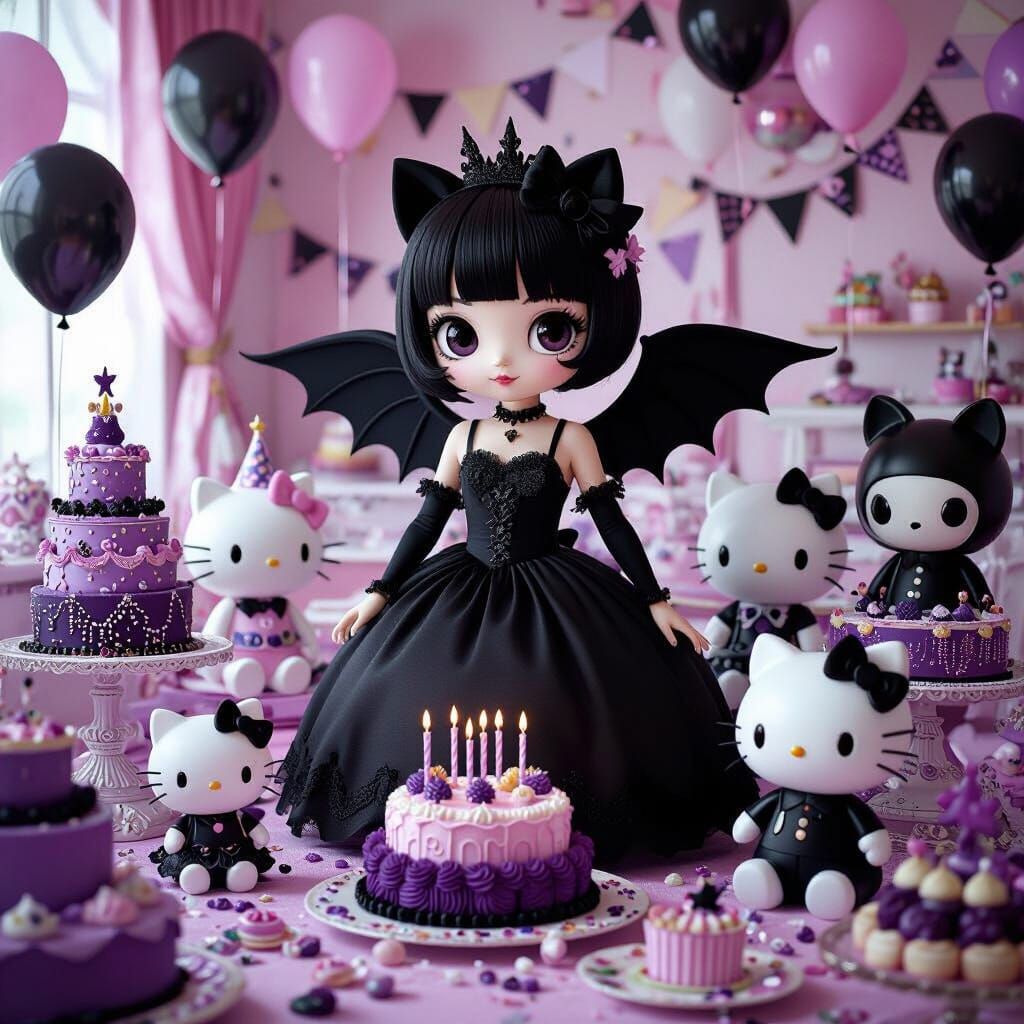 Kuromi's Birthday Celebration in Pastel Whimsical Style
