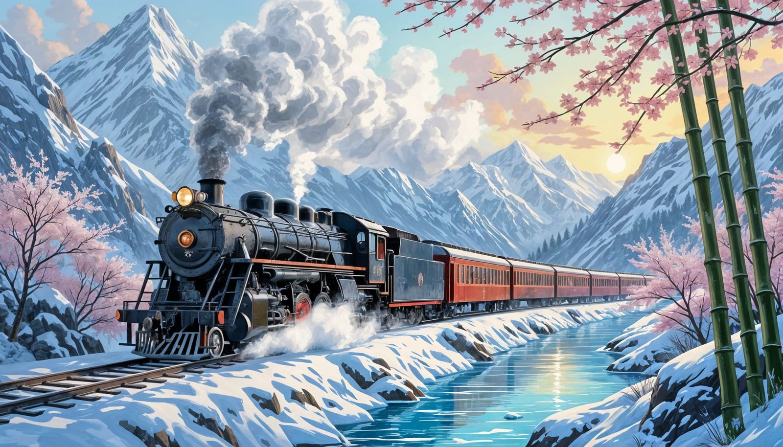 Steam Train Through Snowy Mountains with Cherry Blossoms